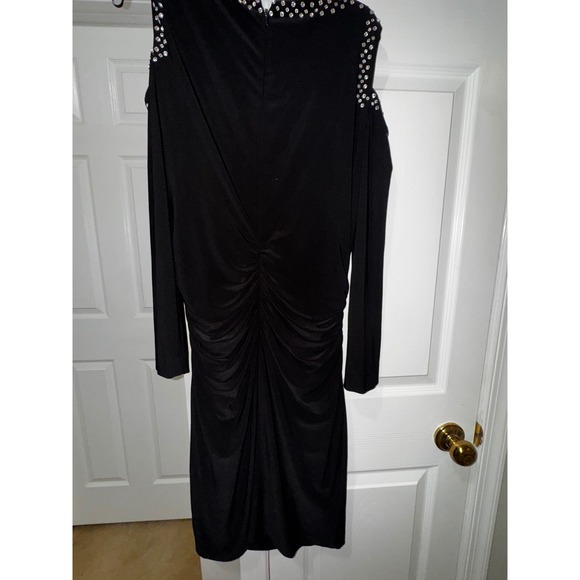 Cache‎ Black Rhinestone Cold Shoulder Ruched Long Sleeve Cocktail Dress - Picture 10 of 11